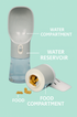 Pet water and food dispenser with labeled compartments on a light blue background