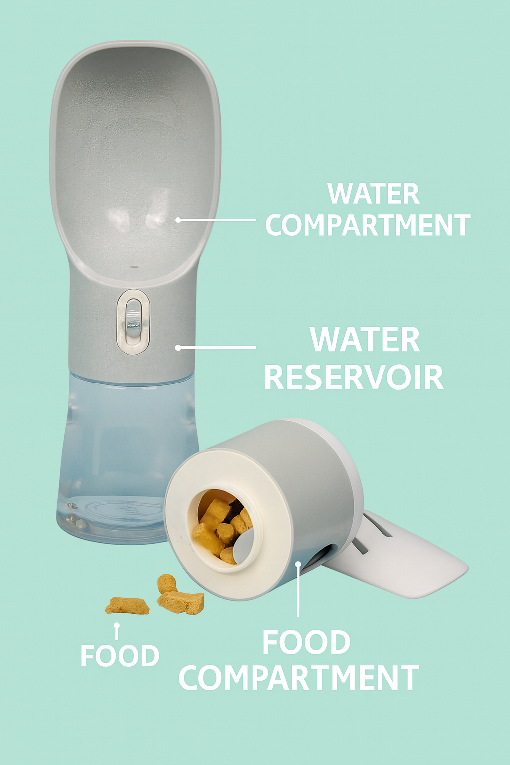 Pet water and food dispenser with labeled compartments on a light blue background
