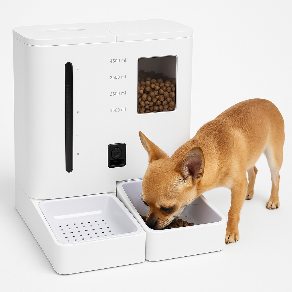 White 2-in-1 smart pet feeder with digital camera, water and food compartments, dispensing kibble to small dog.